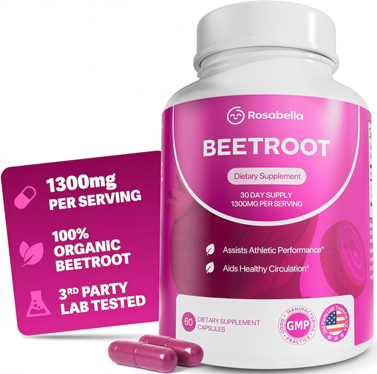 Rosabella Organic Beet Root Capsules - 1300mg Beet Root Powder Aids Healthy Circulation & Vitality, Non-GMO, Beet Root Supplement - 60 Capsules, 30-Day Supply