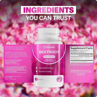 Rosabella Organic Beet Root Capsules - 1300mg Beet Root Powder Aids Healthy Circulation & Vitality, Non-GMO, Beet Root Supplement - 60 Capsules, 30-Day Supply